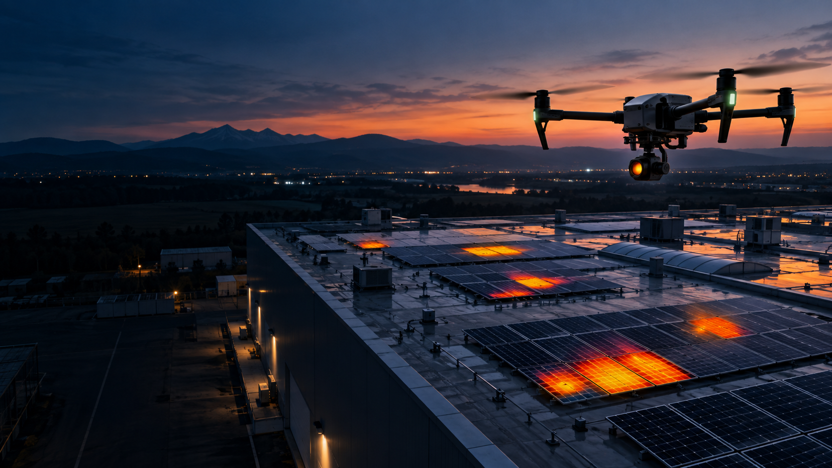 Termovízny dron pri kontrole fotovoltiky na streche priemyselnej budovy