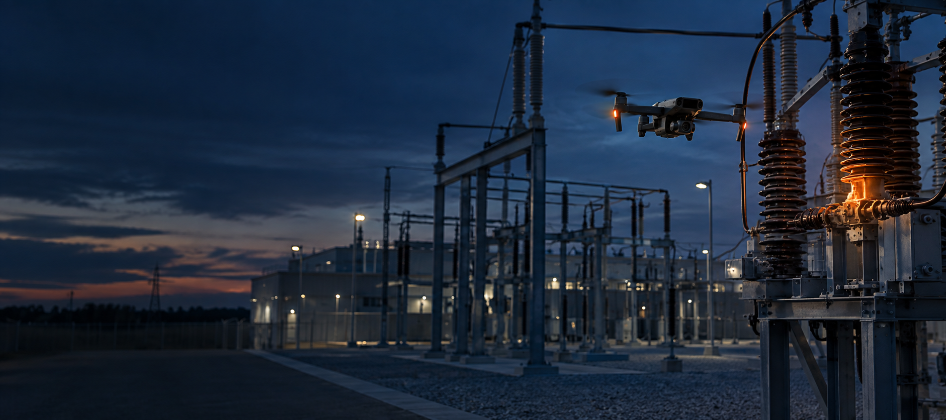 Dron pri termovíznej kontrole priemyselného elektrického zariadenia